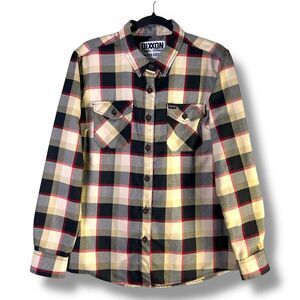 Dixxon Womens Sz Large Snap-on Flannel Shirt Cream Black Red Check Limited Ed